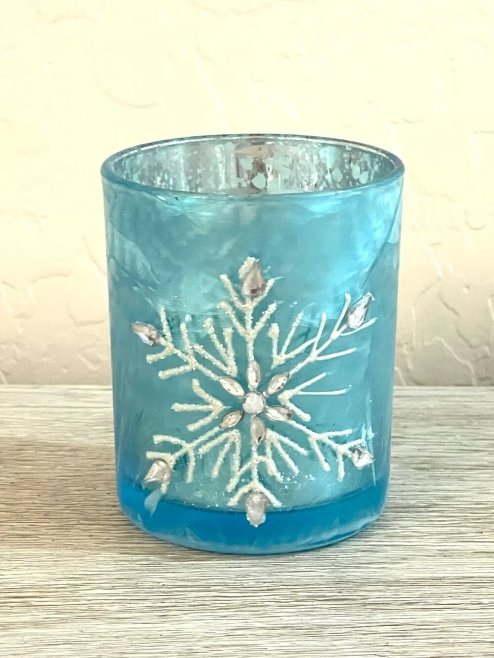 New Snowflake Candle Holder Mercury Glass Blue Silver Jewel Gem Christmas Winter